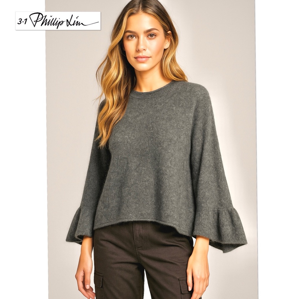 3.1 Phillip Lim Wool Alpaca Knit Mock Neck Ruffle Sleeve Pullover Sweater Gray S